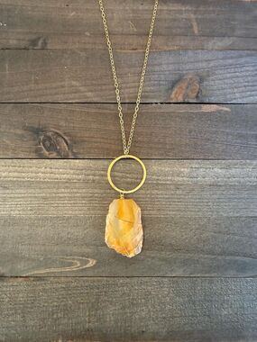 Orange Agate Pendant Necklace 32" Chain Hand Wrapped Natural Stone Statement